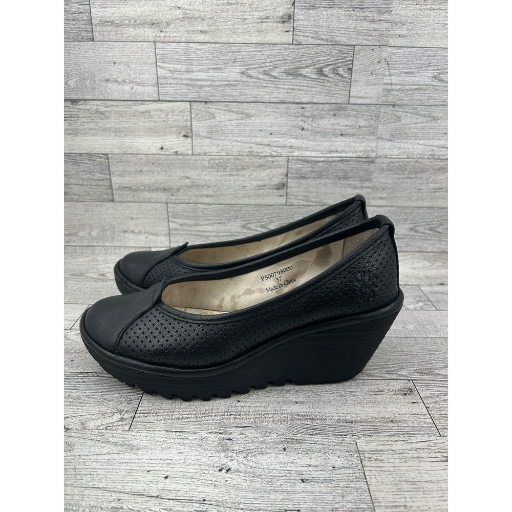 FLY LONDON Black Leather Perforated‎ Wedge Ballet Flats Women Size 37 P500798000 - Picture 3 of 11